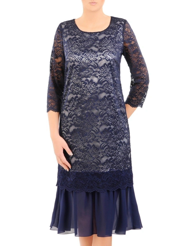 Elegancka granatowa sukienka midi syrenka w kwiaty – kobiecy krój modelujący sylwetkę 30819