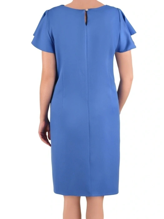 Elegancka niebieska sukienka trapezowa midi – fason swobodnie tuszujący biodra 42033