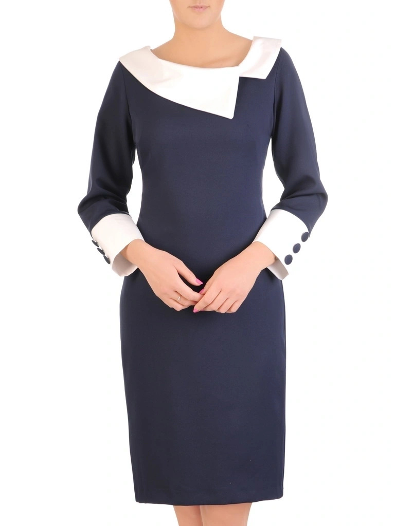 Elegancka granatowa sukienka midi z kołnierzykiem – prosty fason ze stylowymi mankietami 31961