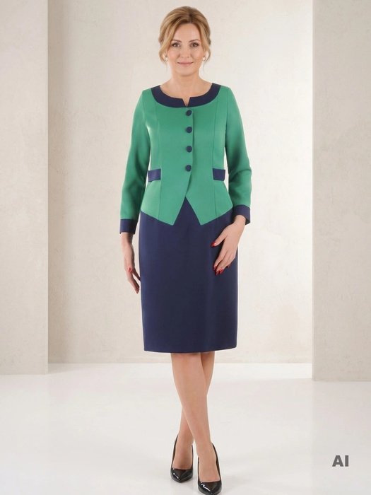 Wizytowa sukienka ołówkowa midi w odcieniach zieleni i granatu – wysmuklający fason z ozdobnymi mankietami 35446