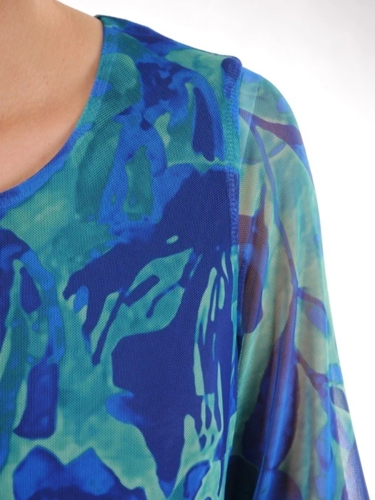 Elegancka sukienka trapezowa midi w zielono-granatowy print – fason tuszujący biodra z mankietami 38365