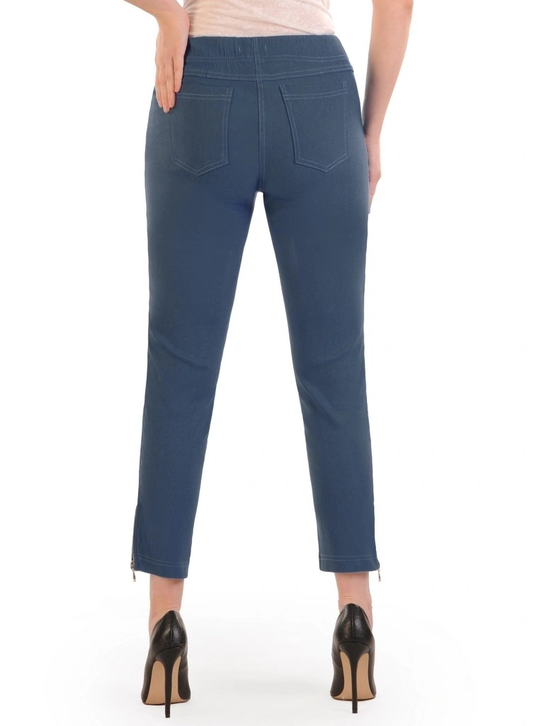 Eleganckie niebieskie spodnie damskie na gumce – dopasowany fason ze stylowymi suwakami 34875