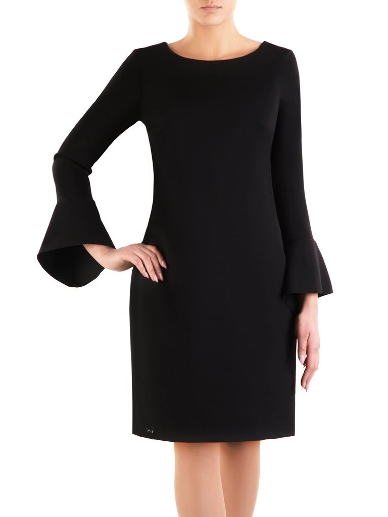 Elegancka czarna sukienka koktajlowa z długim rękawem – prosty krój i stylowe falbany 13705
