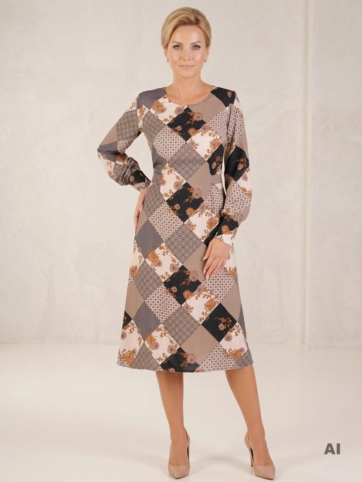 Beżowo-brązowa sukienka rozkloszowana midi – wysmuklający talię fason z wiązaniem na plecach 27057