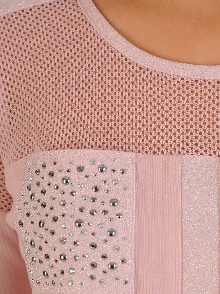 Elegancka bluzka wizytowa w odcieniu pudrowego różu – prosty fason ze srebrnym zdobieniem 27856