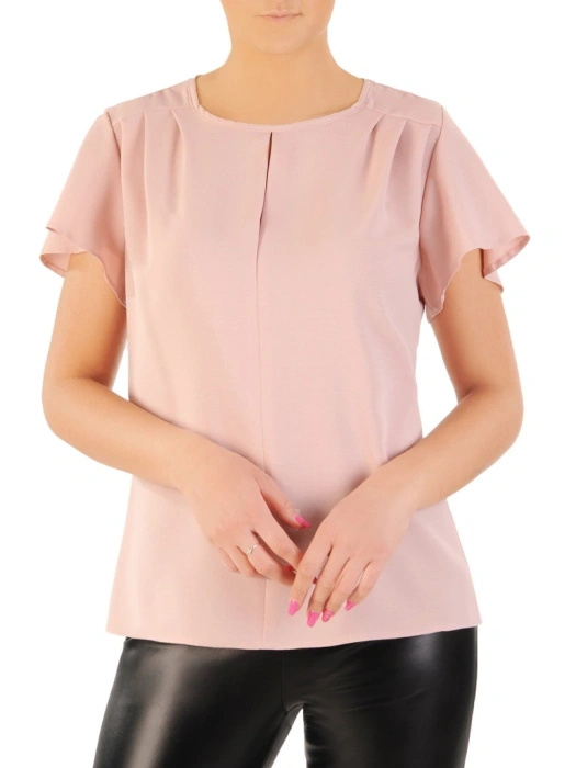 Elegancka bluzka wizytowa z dekoltem w łódkę w kolorze pudrowego różu – prosty fason tuszujący niedoskonałości 33361