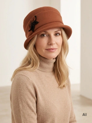Stylowy kapelusz damski dla 50 latki – brązowy cloche z ozdobną kokardą, elegancja na jesień i zimę 40523