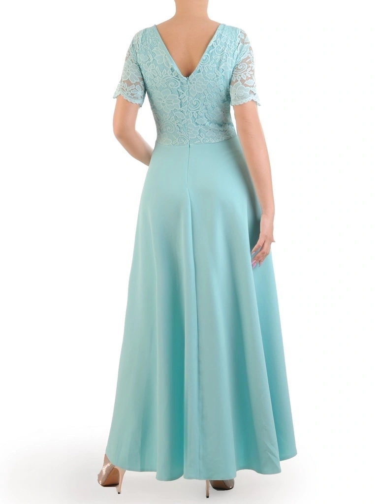 Elegancka suknia wieczorowa maxi na wesele – rozkloszowany miętowy krój z gipiurą 33778