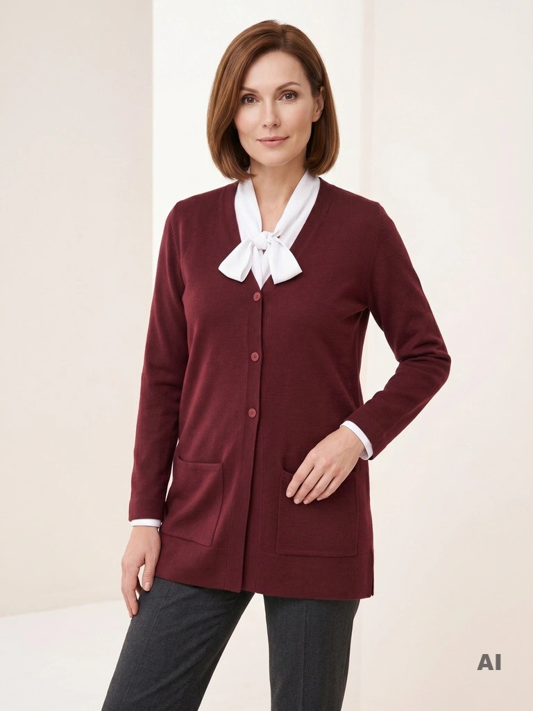 Bordowy sweter damski rozpinany o prostym kroju – elegancki model z kieszeniami i dekoltem w serek 38970