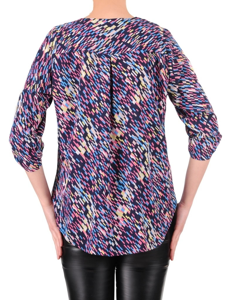Elegancka bluzka damska wizytowa w wielobarwny print – prosty krój z ozdobnymi guzikami 35206