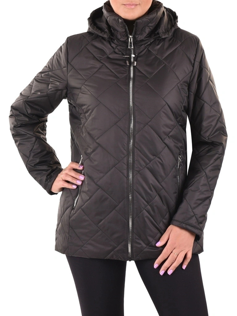 Czarna kurtka damska pikowana na jesień – wygodny fason z kapturem i kieszeniami na suwak 40228