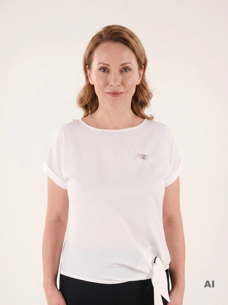 Elegancka biała bluzka z dekoltem łódka i prostym fasonem – modelująca talię, wydłużająca szyję 38429