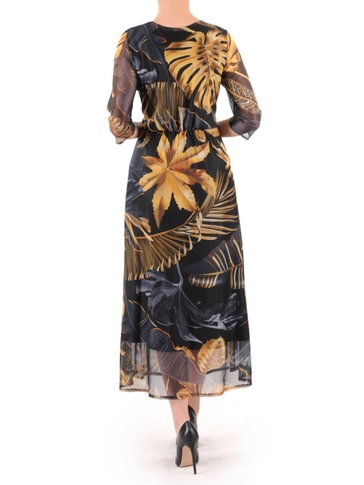 Elegancka czarna sukienka rozkloszowana maxi w jesienne liście – kobiecy krój wysmuklający sylwetkę 37086