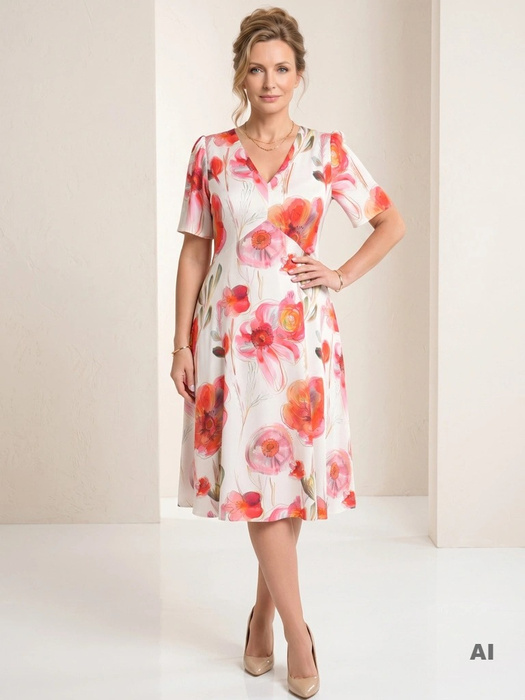 Czerwona sukienka rozkloszowana midi w kwiaty – zwiewny fason modelujący sylwetkę 41746