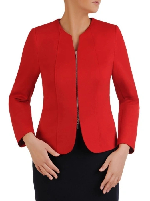 Elegancka czerwona marynarka damska do sukienki – prosty fason z dwusuwakowym zamkiem 23509