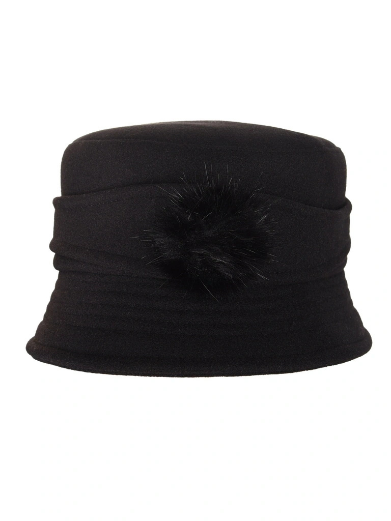 Elegancki kapelusz cloche damski w odcieniu czerni – z ocieplaną podszewką i odpinaną ozdobą 42359