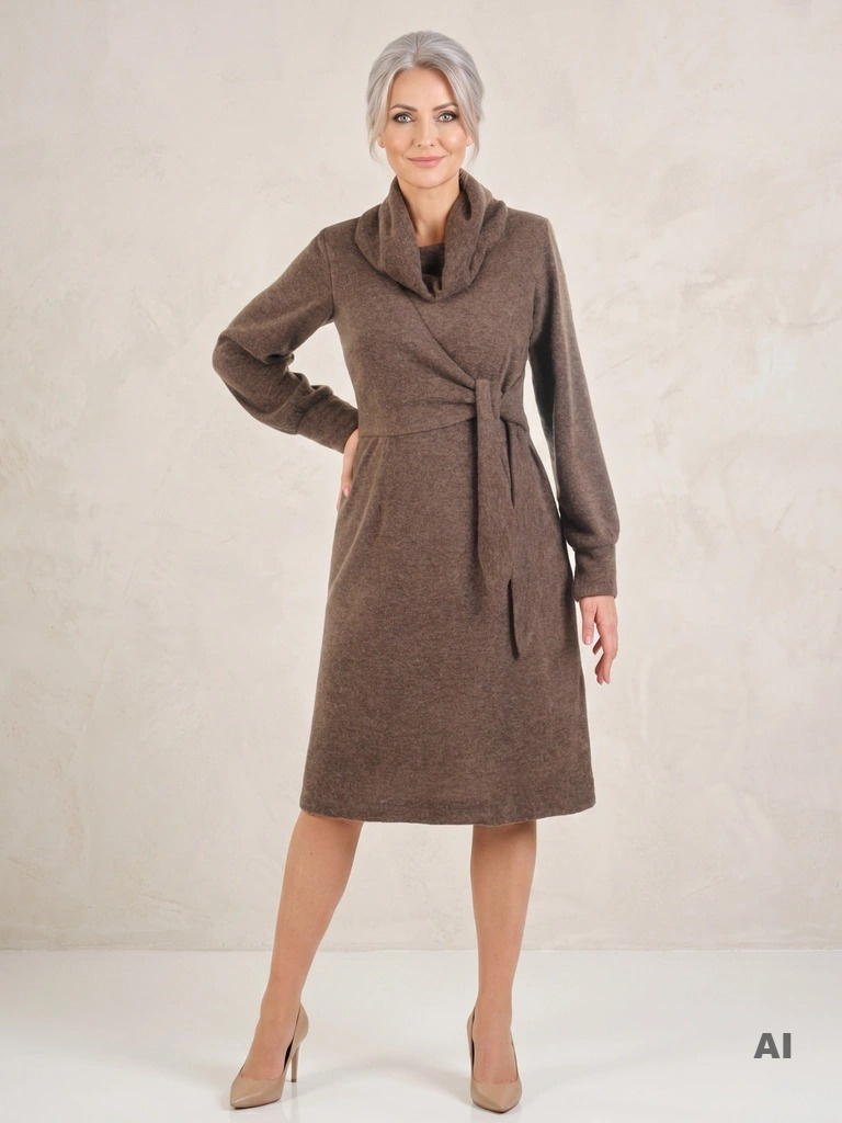 Elegancka sukienka damska midi w odcieniu cappuccino – optycznie wyszczuplające zaszewki i odpinany komin 34293