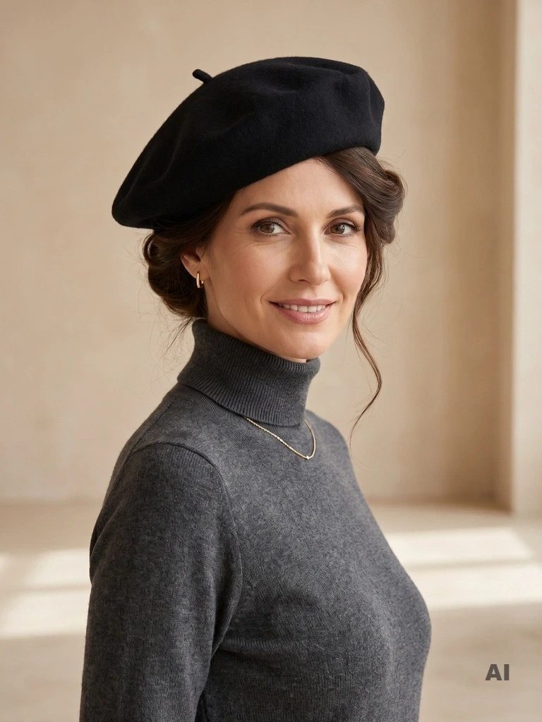 Klasyczny czarny beret damski z wełny merynosa – elegancki fason z antenką w stylu francuskim 40874