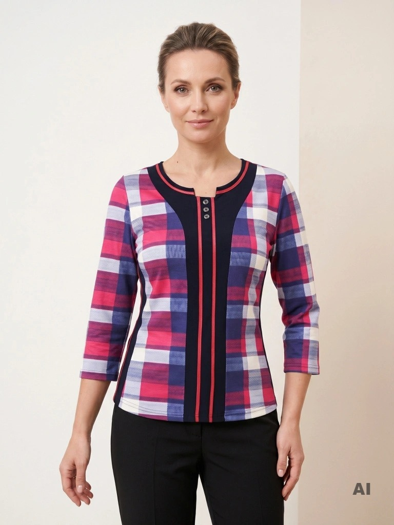 Elegancka bluzka wiskozowa w kratkę – prosty krój z ozdobnymi guzikami 35251