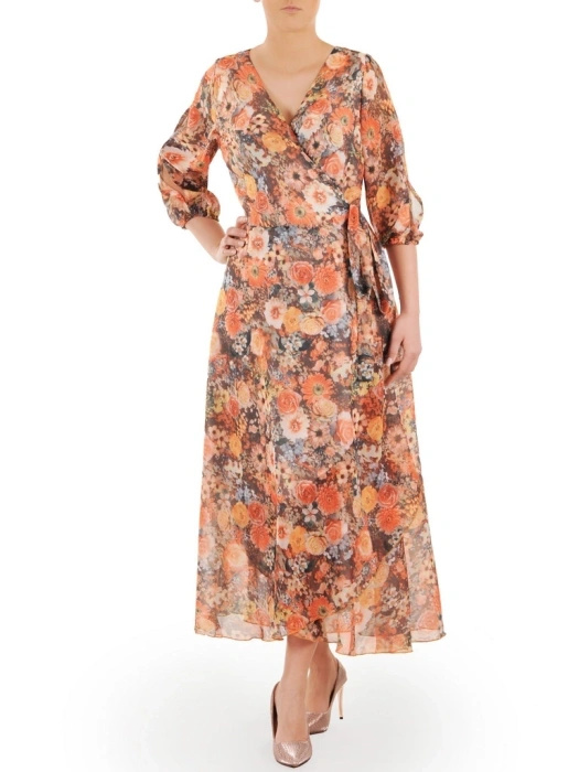 Elegancka sukienka rozkloszowana w jesienne kwiaty – kobiecy krój midi z bufiastym rękawem 35817