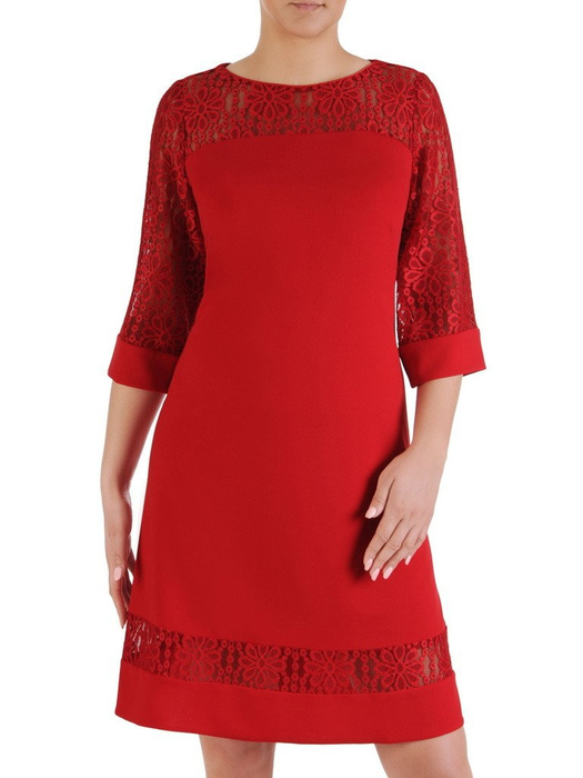 Elegancka sukienka z ażurowymi wstawkami, czerwona kreacja w modnym fasonie 19895