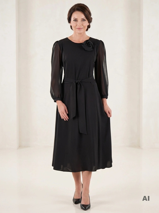 Elegancka czarna sukienka rozkloszowana maxi – szyfonowe rękawy i pasek podkreślający talię 40454