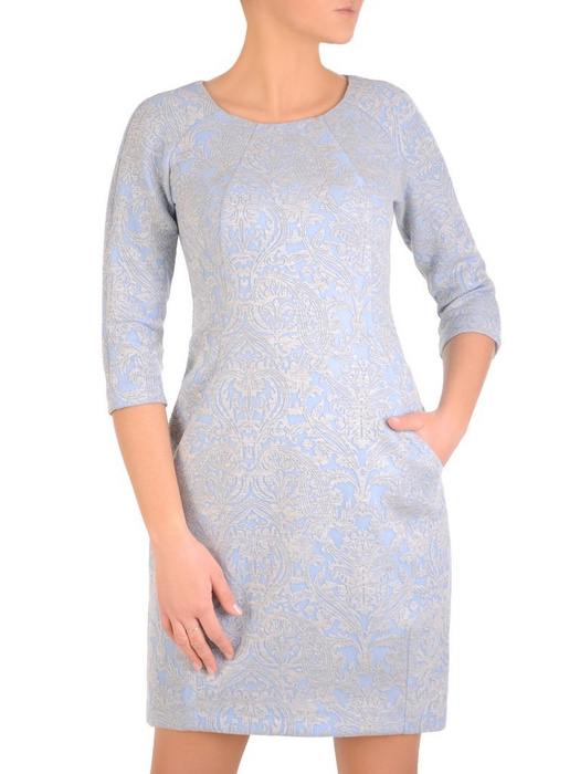 Błękitna sukienka z kieszeniami, modna kreacja w luźnym fasonie 28308
