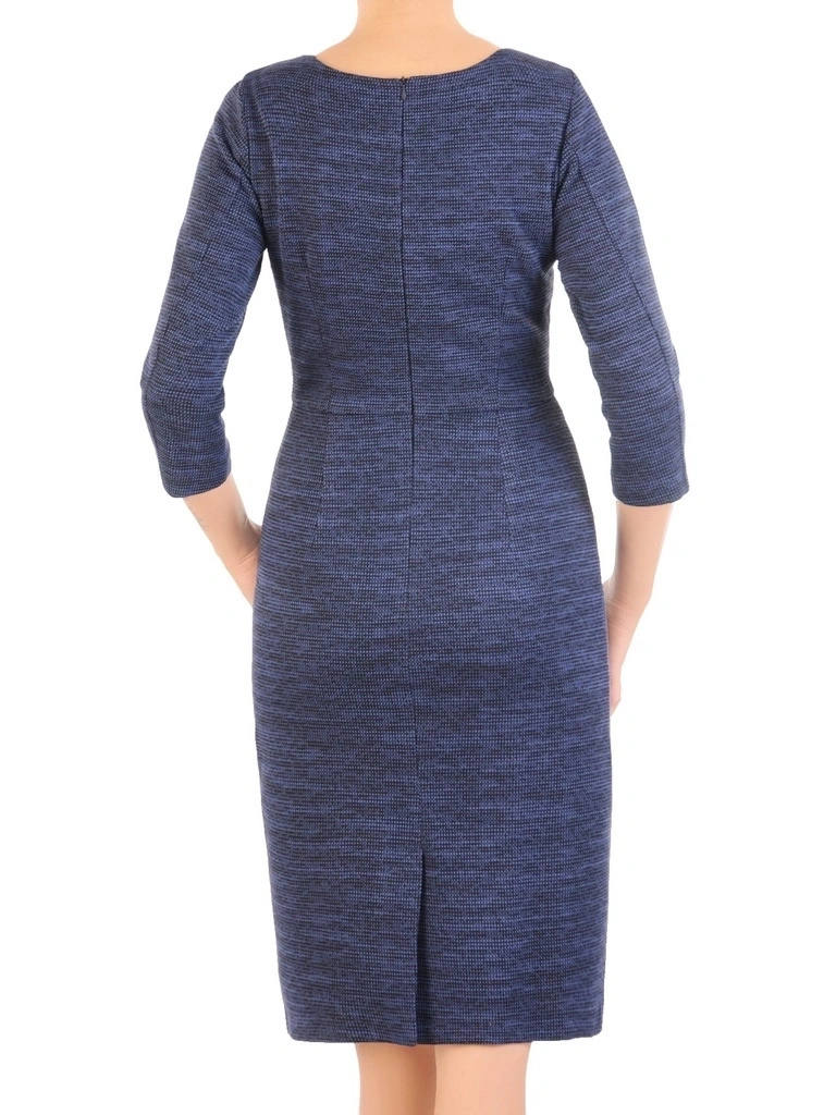 Elegancka granatowa sukienka midi – prosty krój z kontrafałdami modelujący sylwetkę 34361