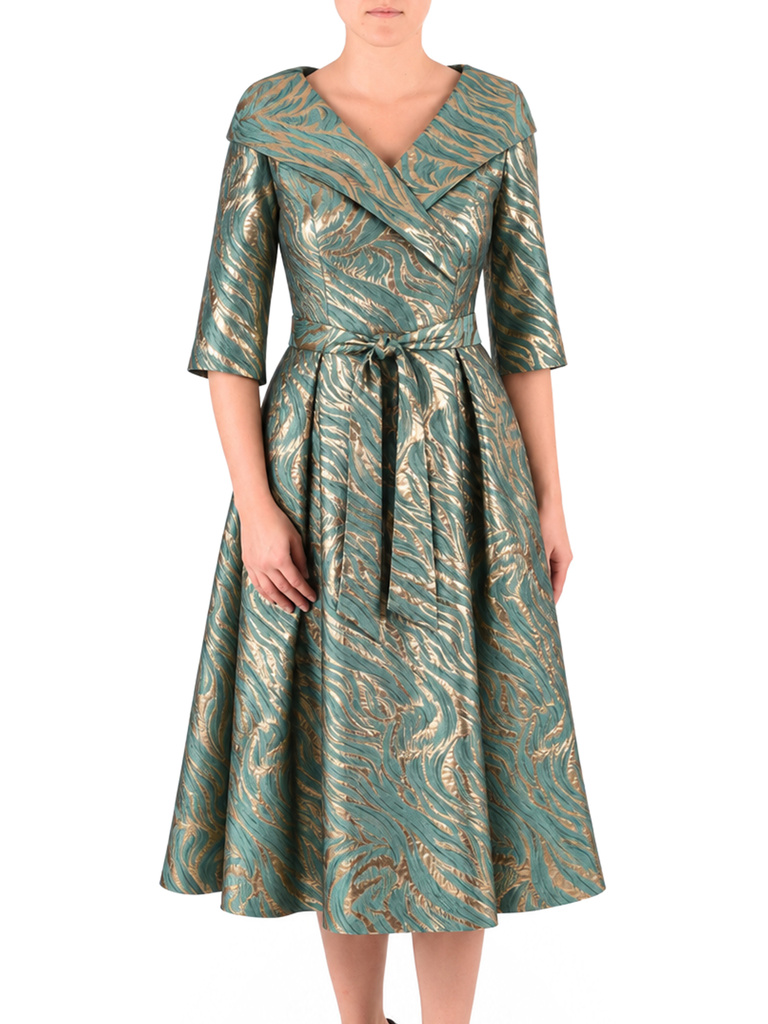 Zielona sukienka rozkloszowana midi na sylwestra i andrzejki – kopertowy dekolt wysmuklający szyję 42487
