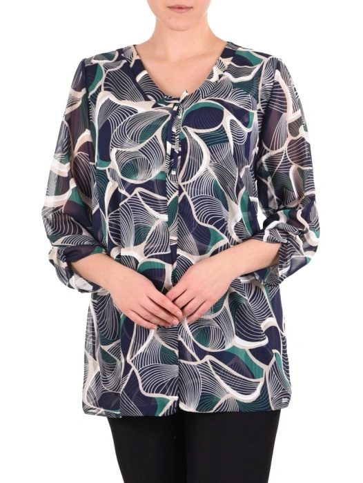 Granatowa tunika plus size z abstrakcyjnym wzorem – luźny fason z szyfonem i efektem narzutki 41085