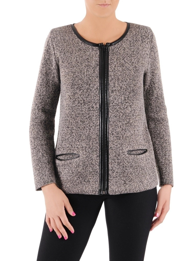 Elegancki sweter damski rozpinany na zamek – prosty krój ze wstawkami z ekoskóry 38977