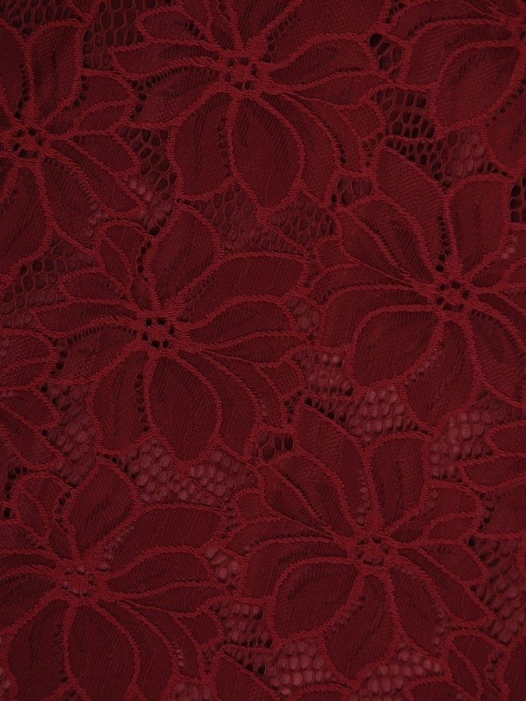 Elegancka wiśniowa sukienka trapezowa do kolan – swobodny fason z dekoltem w serek i ozdobnym rękawem 27895