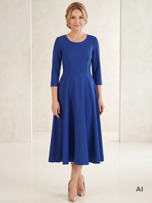 Elegancka sukienka koktajlowa rozkloszowana chabrowa – wysmuklający sylwetkę model z rękawem 3/4 34988