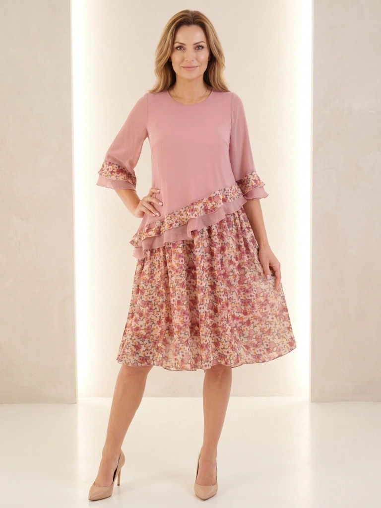 Elegancka sukienka trapezowa midi w kwiaty – lekki fason pięknie modelujący figurę 33305