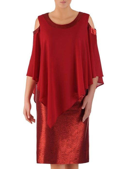 Sukienka z narzutką odsłaniającą ramiona, czerwona kreacja koktajlowa 23599