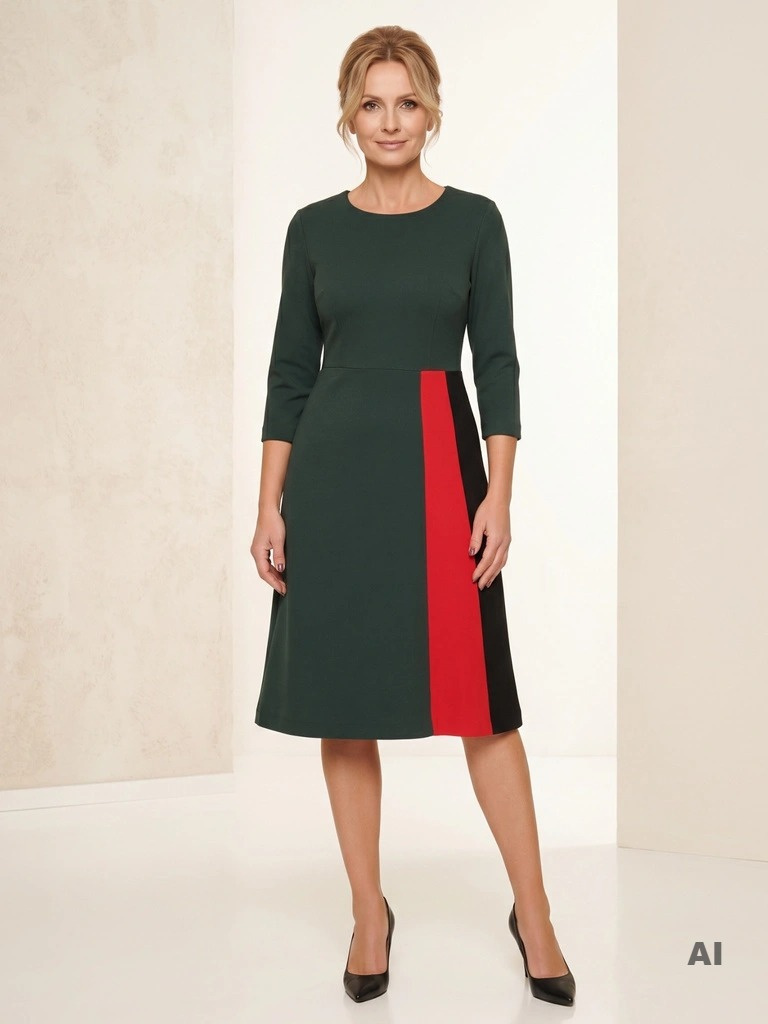 Elegancka sukienka rozkloszowana w butelkowej zieleni – wysmuklający fason midi do pracy 18598
