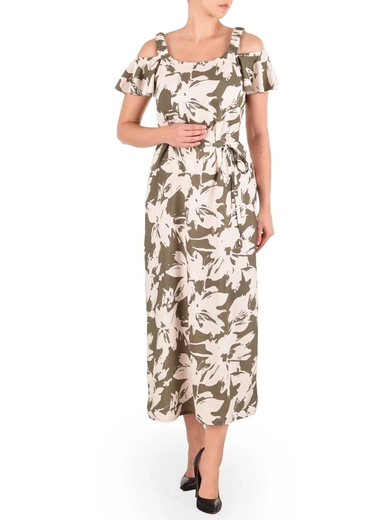 Elegancka sukienka trapezowa maxi w kwiaty khaki – wiskozowy model z paskiem modelującym talię 42085