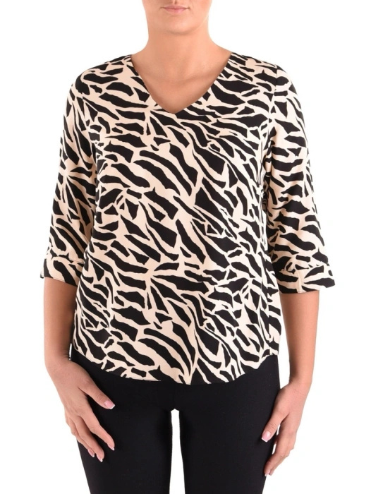 Bluzka plus size w czarno-kremowe cętki z dekoltem V na lato – prosty fason z mankietami, idealny do biura 40843