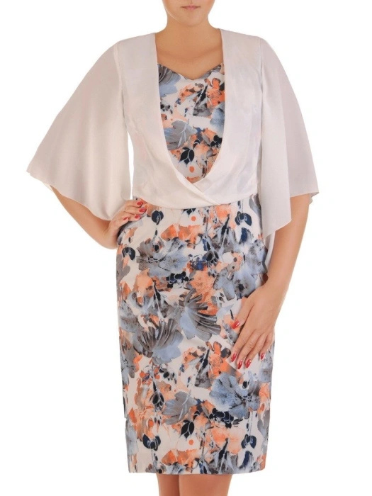 Elegancka sukienka midi na wesele w kwiaty – prosty fason z imitacją bolerka modelujący sylwetkę 21273