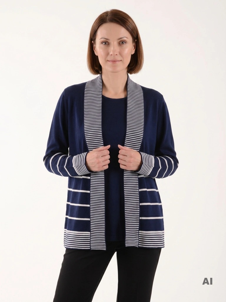 Granatowy sweter damski w paski o prostym kroju – praktyczny model 2w1 tuszujący biodra 38676