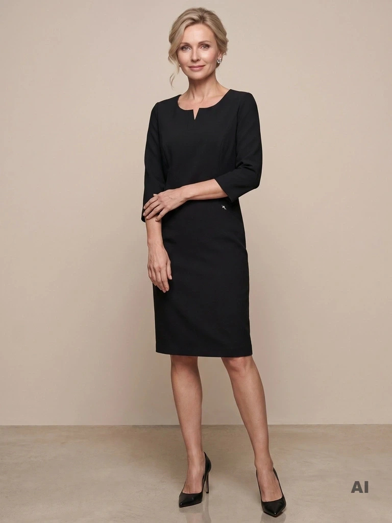 Stylowa czarna sukienka midi o prostym kroju – wysmuklające pionowe przeszycia i elegancki dekolt 25766