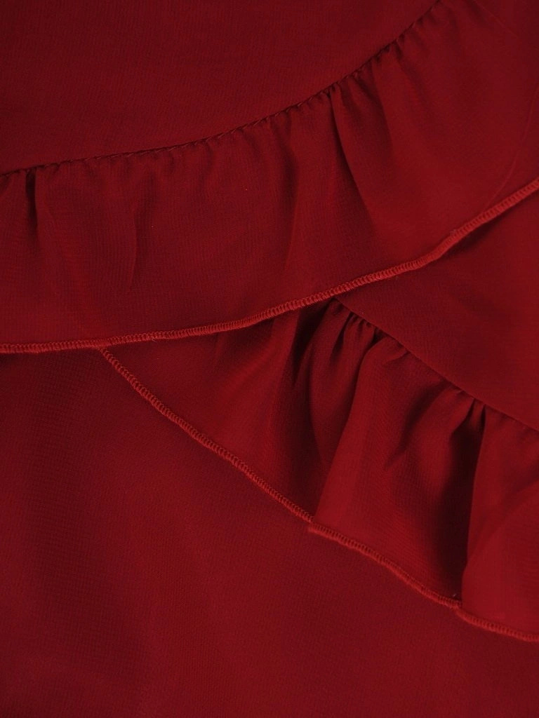 Bordowa sukienka wizytowa o kroju trapezu – kobiecy model midi tuszujący biodra 26888