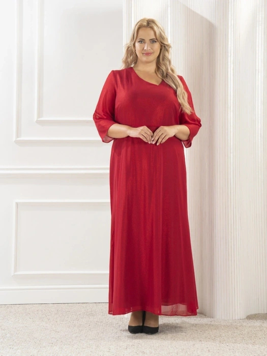 Czerwona sukienka rozkloszowana maxi na wesele – imitacja paska i dekolt w serek wysmuklający sylwetkę 35158