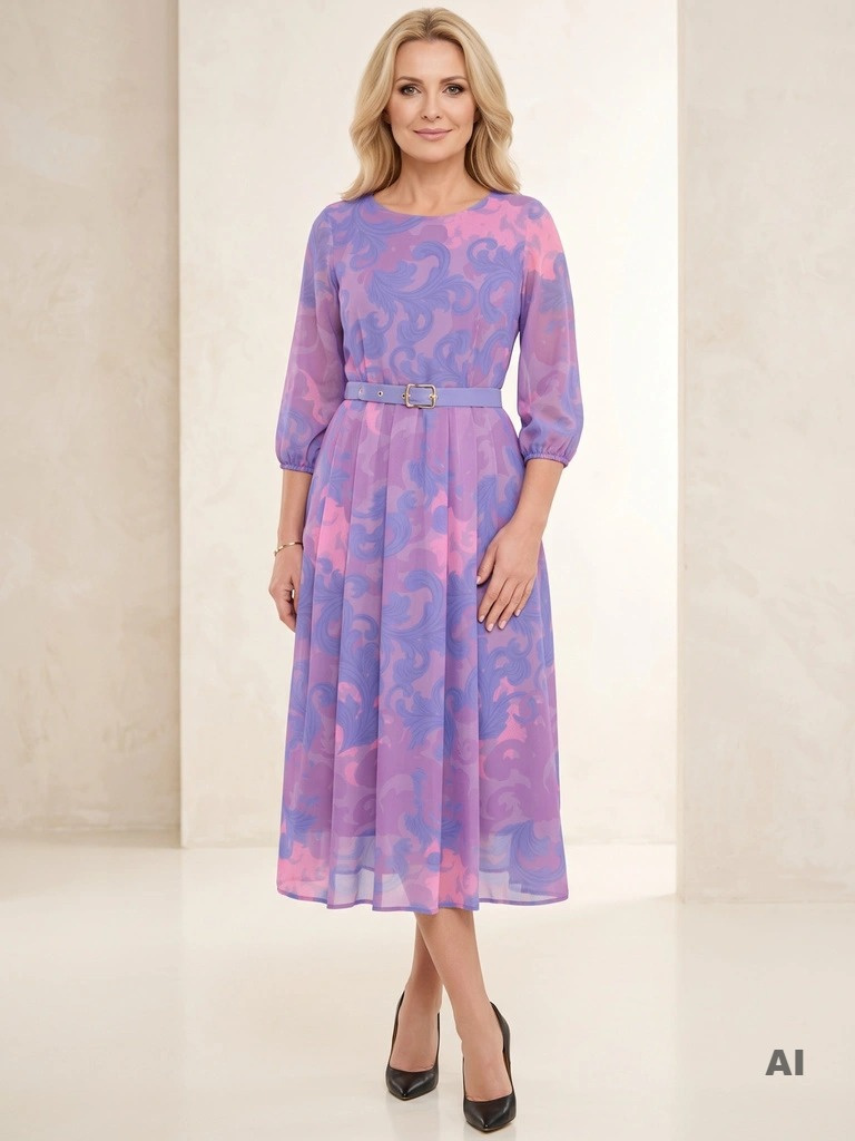Śliwkowa sukienka rozkloszowana maxi we wzór – elegancki fason wysmuklający talię 39851