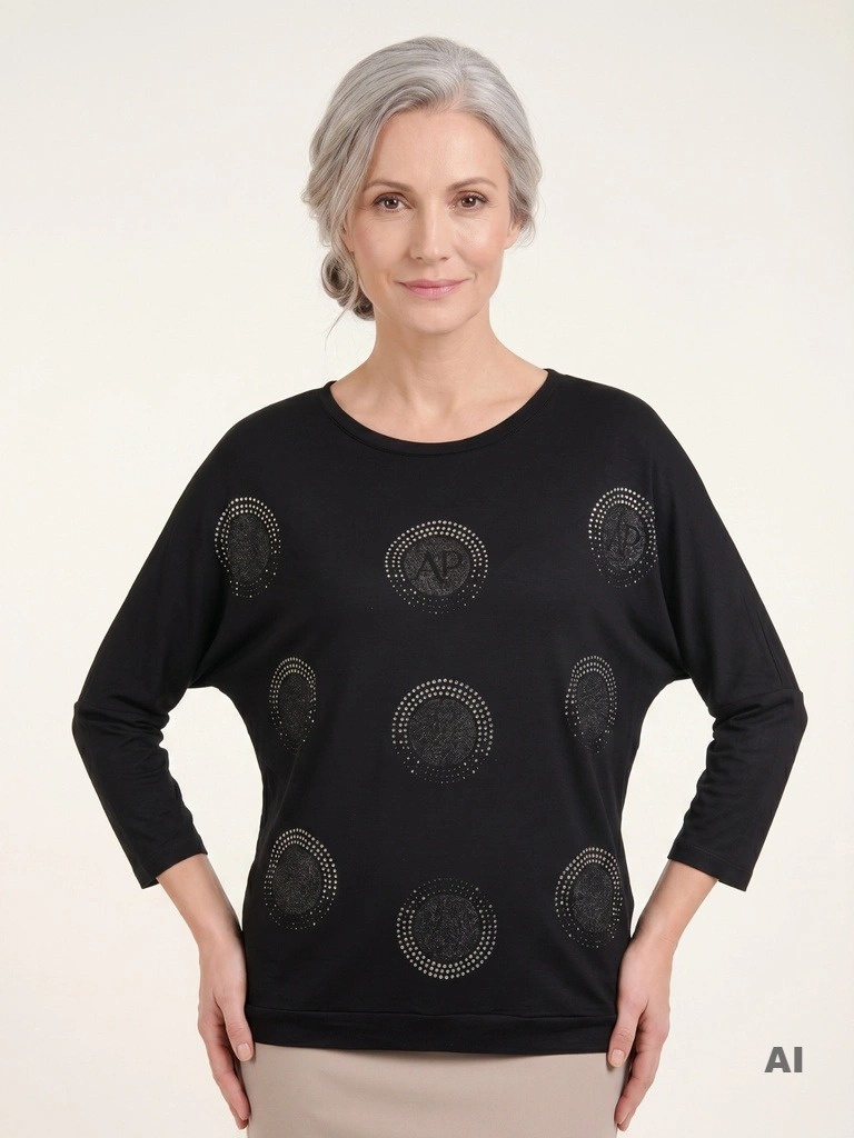 Klasyczna czarna bluzka z rękawami kimono 3/4 i błyszczącymi aplikacjami – elegancja z efektem wyszczuplającym 19799