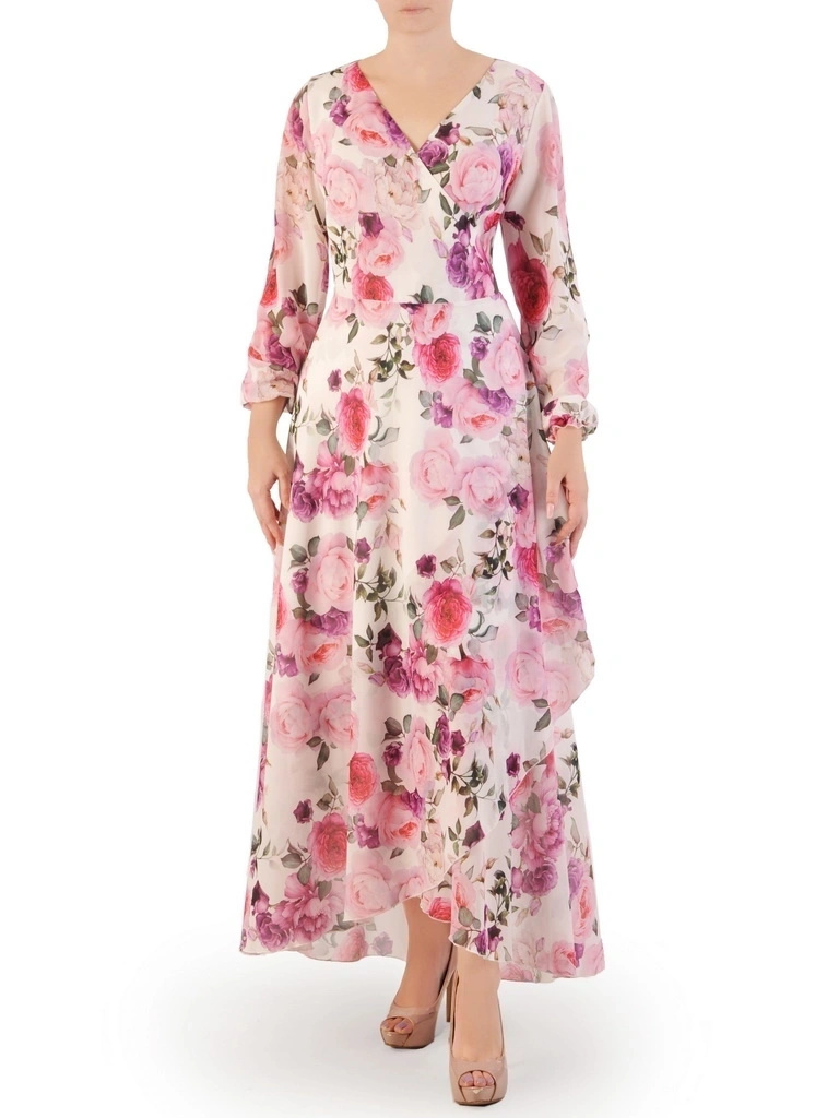 Elegancka sukienka maxi w kwiaty z rozkloszowanym dołem – kobiecy krój z wiązaniem modelującym talię 34523