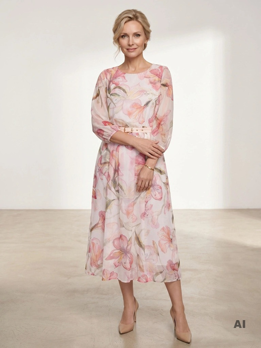 Elegancka sukienka damska maxi rozkloszowana w kwiaty – wysmuklający krój z rękawem 3/4 39273