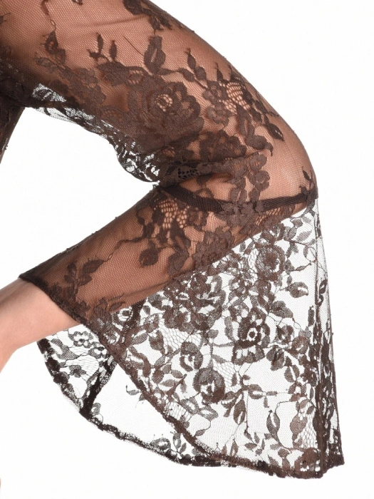 Elegancka sukienka trapezowa w kwiaty brązowa – swobodny krój tuszujący biodra z efektownym tyłem 42112