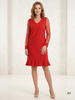Czerwona sukienka trapezowa na wesele i wizytowa z falbaną – lekki fason z ozdobnymi rękawami 32209