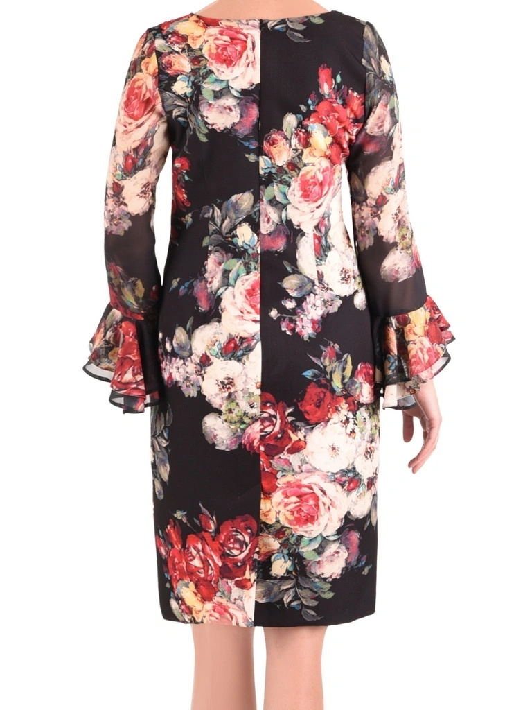 Elegancka czarna sukienka w kwiaty na andrzejki – prosty fason tuszujący sylwetkę 26983